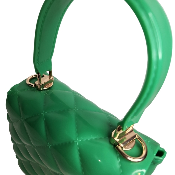 MINI JELLY BAG, GREEN, TOP HANDLE, detachable chain, gold tone EUC - Picture 7 of 9